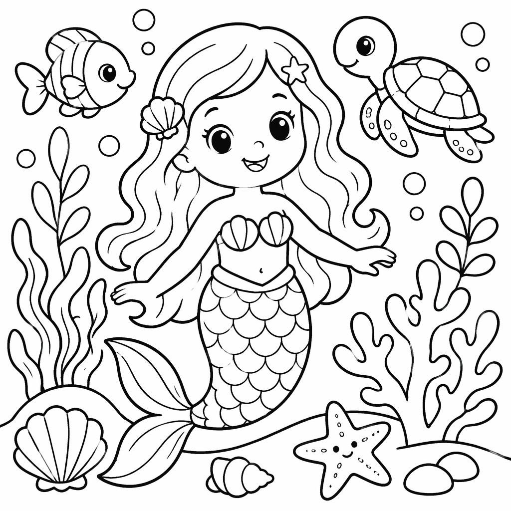 Illustration en noir et blanc d’une sirène sous la mer, style coloriage enfant, avec lignes épaisses et formes simples.