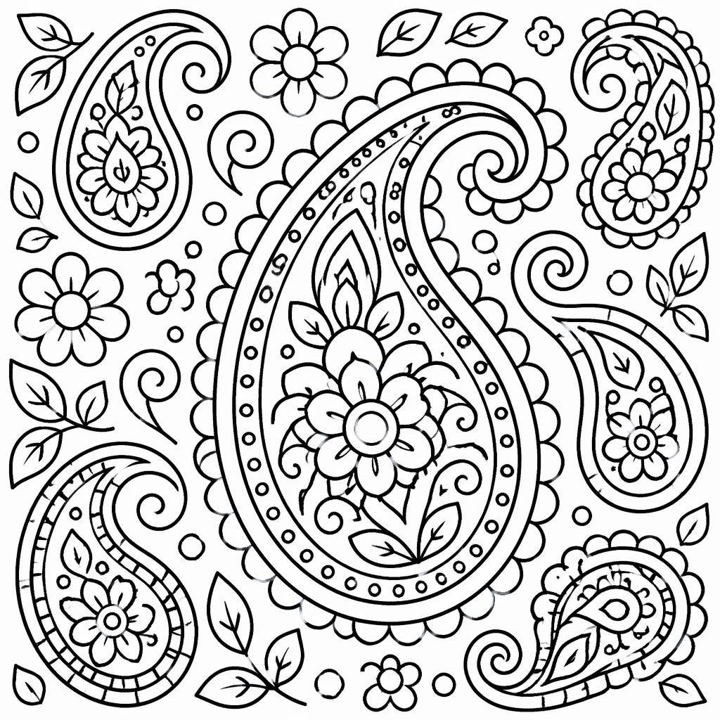 Ilustración para colorear en blanco y negro de una sirena con patrones paisley y estilo mandala de líneas gruesas.