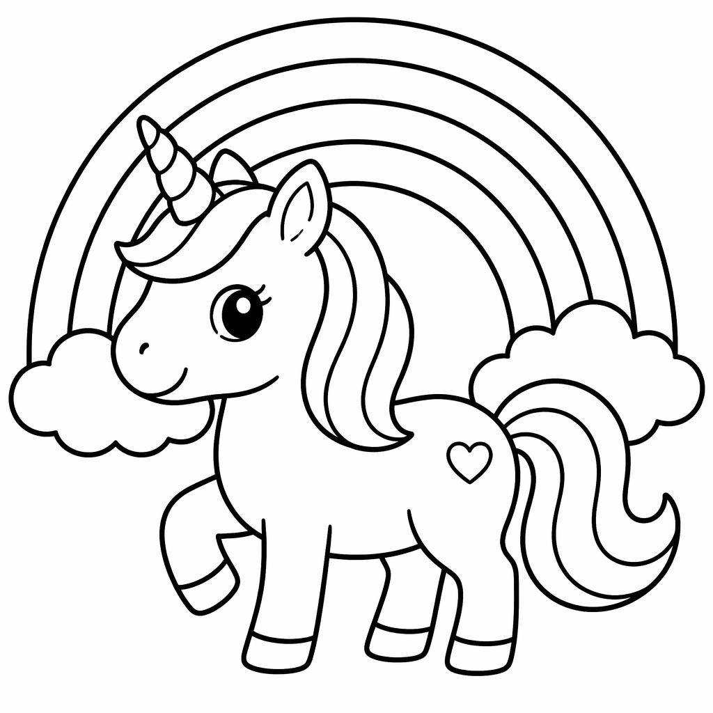 Illustration noir et blanc d’une licorne simple sous un arc-en-ciel, contours épais, style coloriage pour enfants.
