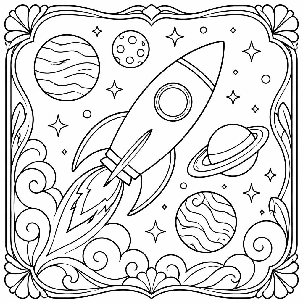 Black-and-white coloring page with a chunky-lined space rocket and planets in a kid-friendly Art Nouveau style.