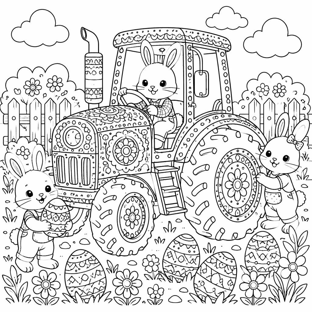 Schwarz-weiße Ausmalseite mit niedlichen Hasenkindern und Ostereiern, detailreich, als saubere Line-Art.