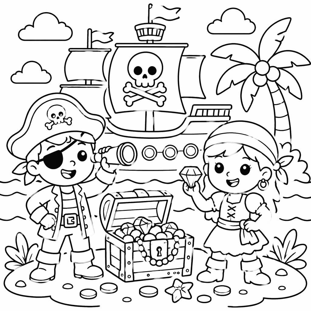 Black-and-white coloring page with a pirate ship, treasure, and happy kids in simple chunky mandala-style outlines.