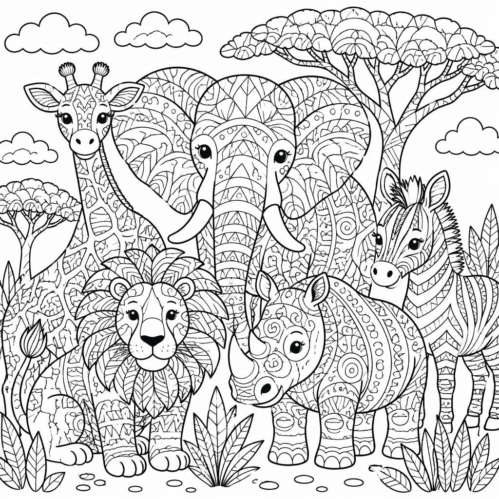 Ilustración para colorear en blanco y negro con animales de safari estilo zentangle y contornos limpios.