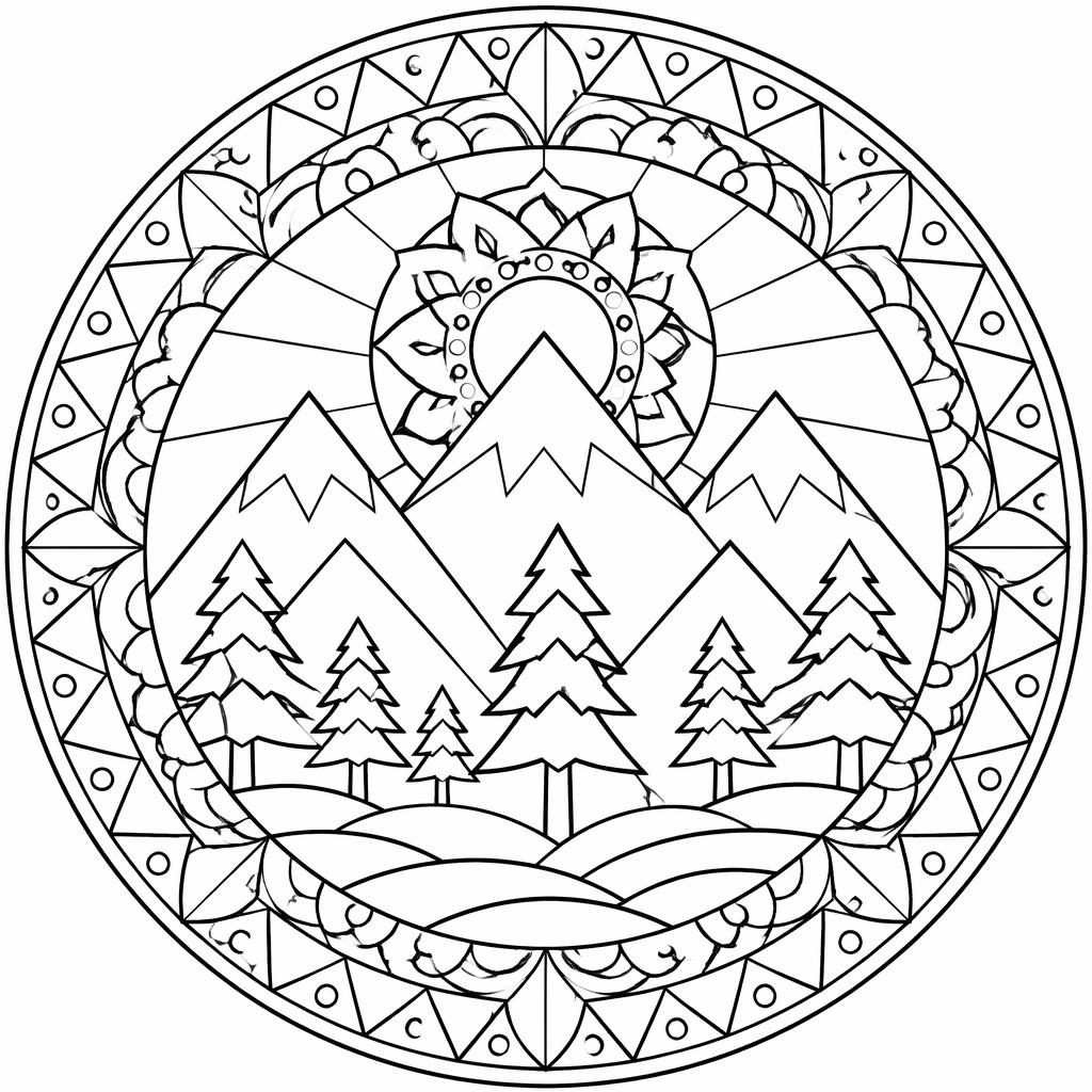 Ilustración para colorear en blanco y negro con montañas, pinos y estilo geométrico tipo mandala.