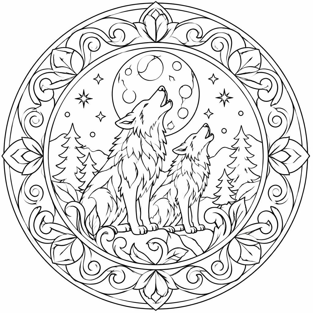 Ilustración para colorear en blanco y negro de lobos adultos aullando a la luna, estilo art nouveau, fondo blanco.