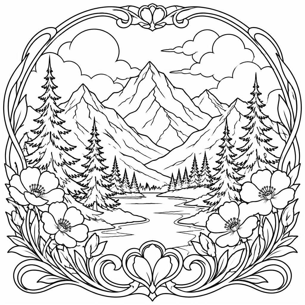 Black-and-white coloring page with mountains, pine trees, and simple art nouveau line details on a white background.