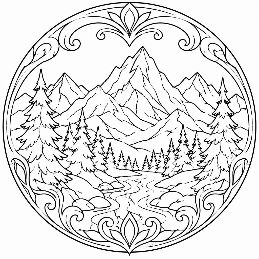 Ilustración para colorear en blanco y negro con montañas y pinos, trazos limpios y estilo art nouveau.