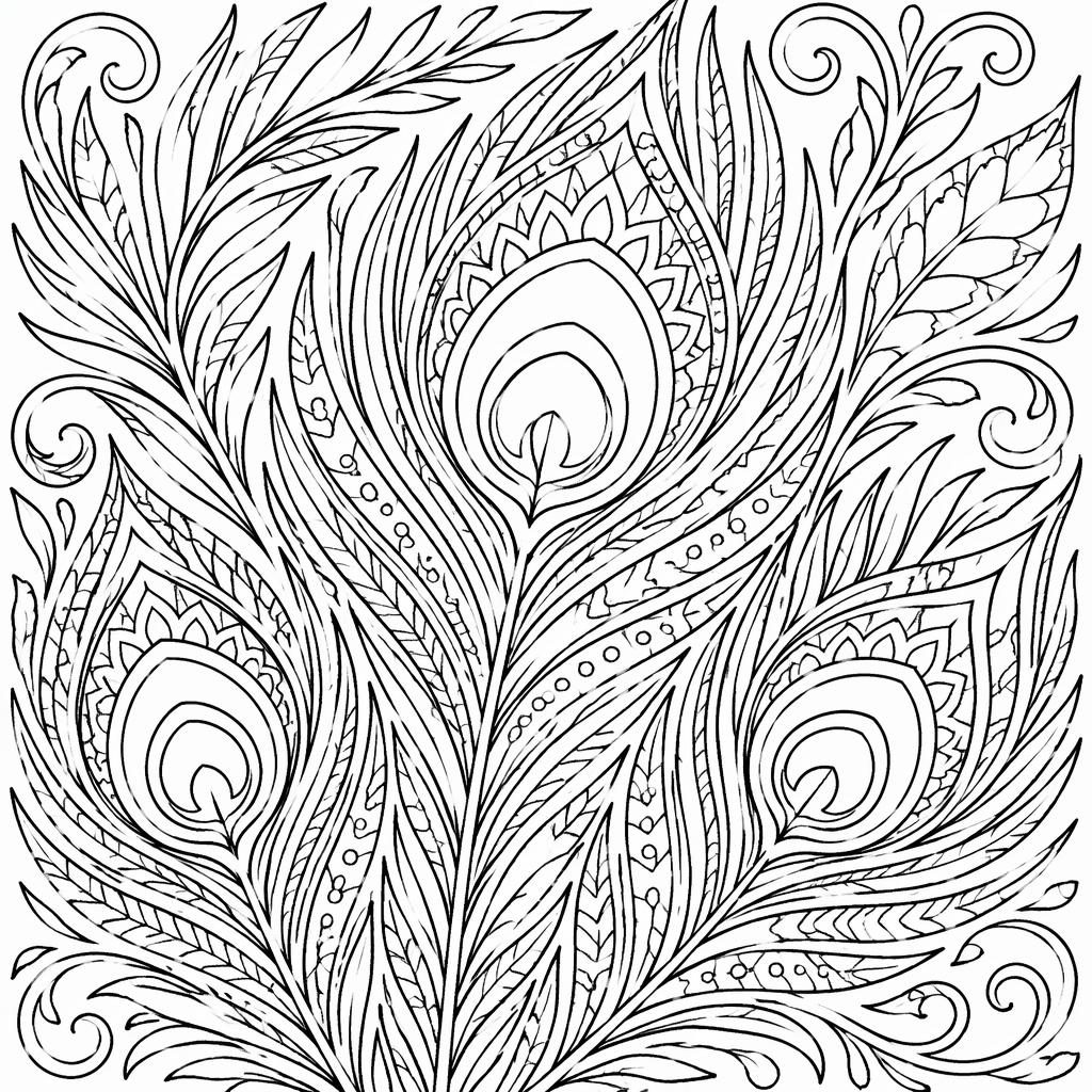 Schwarz-weißes Ausmalbild mit detaillierten Pfauenfedern im geometrischen Mandala-Stil als klare Line-Art