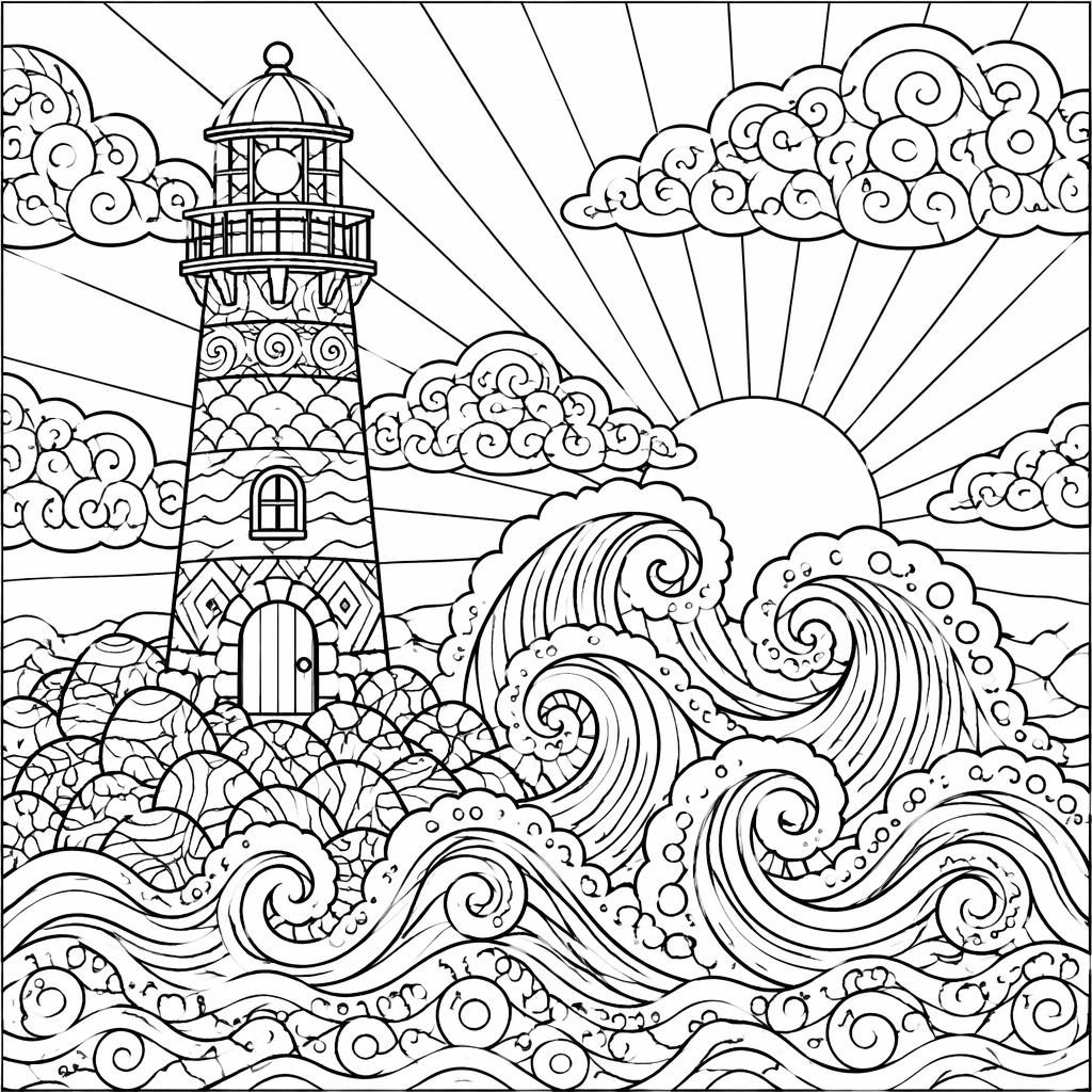Ilustración para colorear en blanco y negro con faro y olas, estilo zentangle para adultos, líneas limpias.