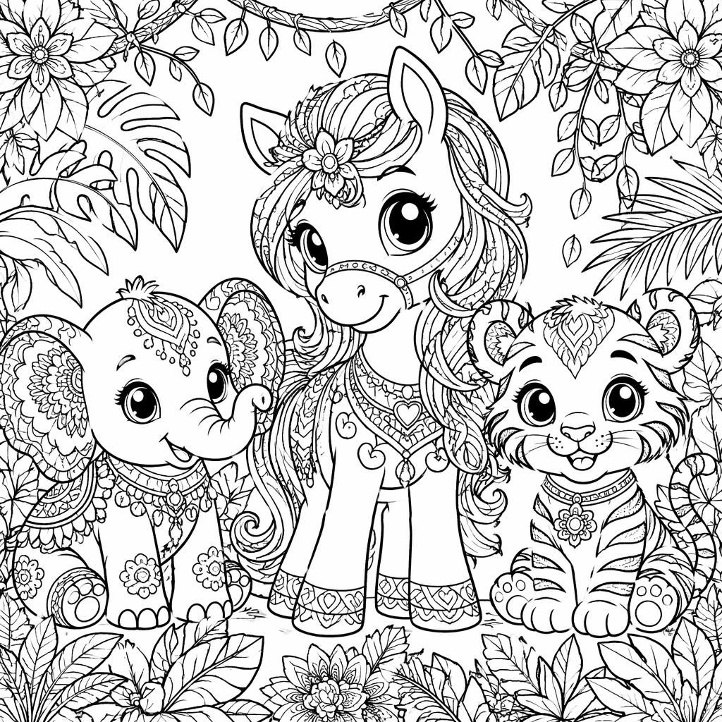 Schwarz-weiße Ausmalseite mit kindlichen Dschungeltieren im Zentangle-Stil, detailreich und zum Ausmalen.