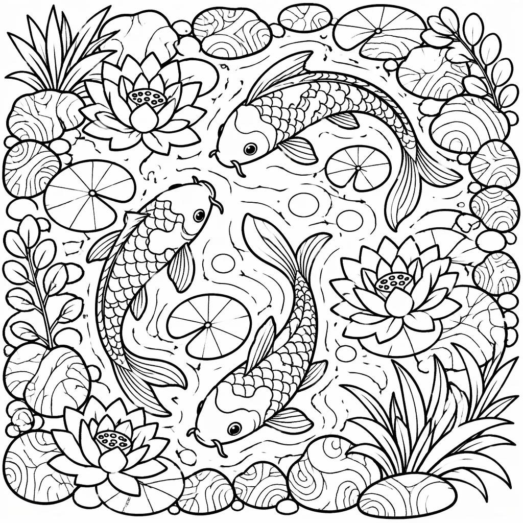 Schwarz-weiße Ausmalseite mit Koi-Teich, dicken Konturen, einfachen Mustern und kindgerechtem Doodle-Stil.