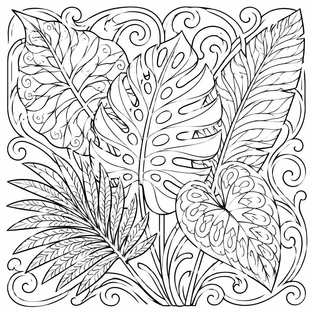 Illustration à colorier en noir et blanc de feuilles tropicales zentangle, style art nouveau, contours nets.