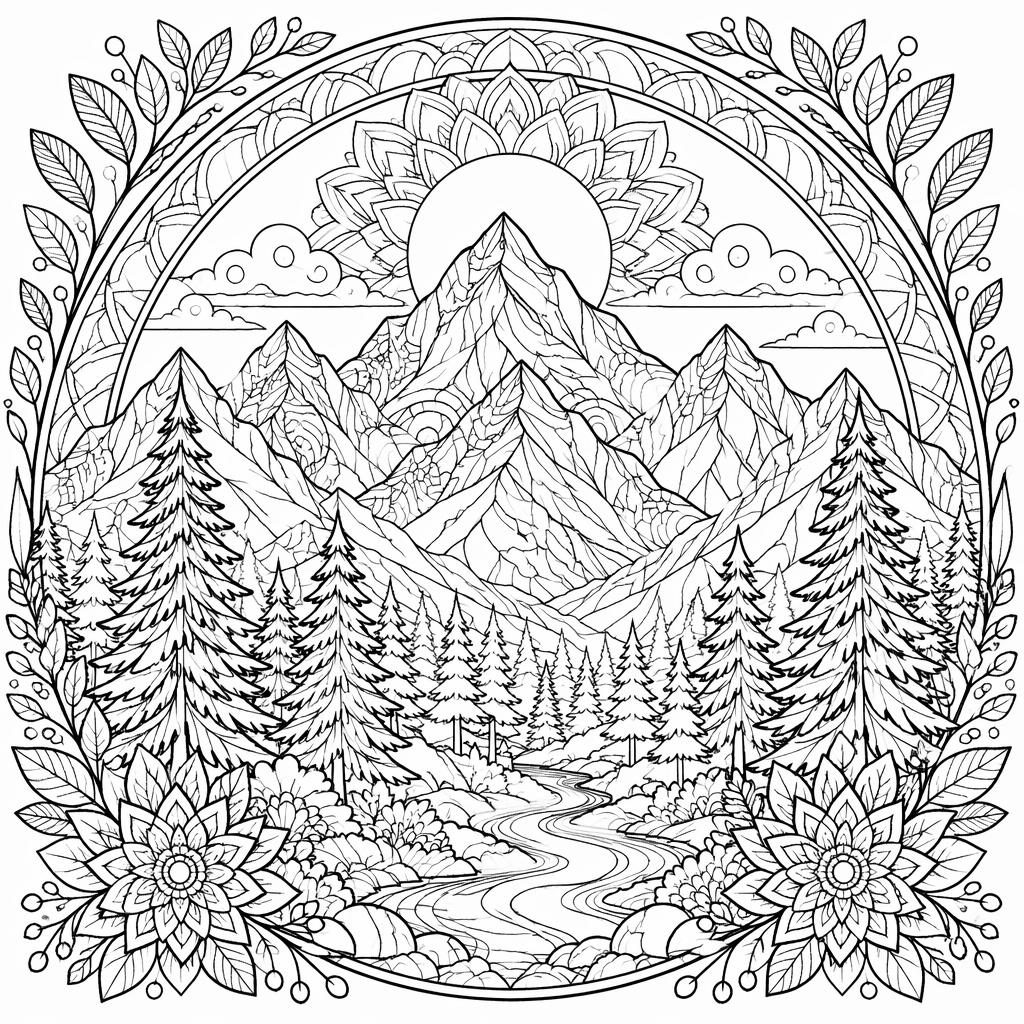 Illustration noir et blanc à colorier avec montagnes, sapins et détails botaniques complexes, style mandala adulte.