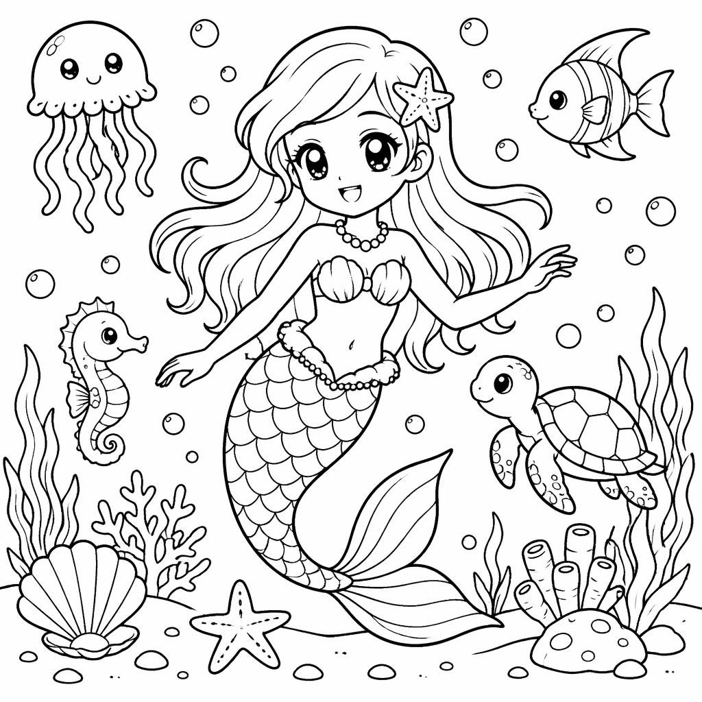 Illustration noir et blanc d’une sirène sous la mer pour enfants, style manga, avec poissons et algues.