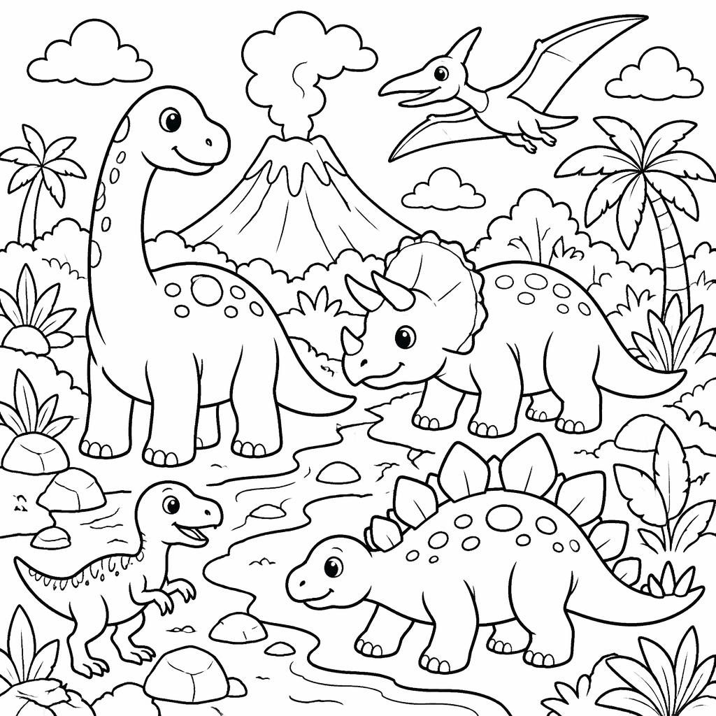 Illustration en noir et blanc avec scènes de dinosaures pour enfants, gros contours, formes fermées à colorier.