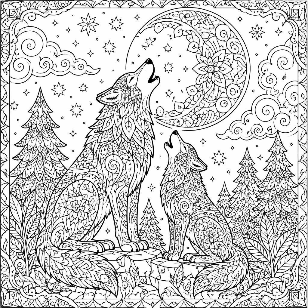 Illustration noir et blanc de loups hurlant à la lune, style mandala zentangle, contours nets à colorier.