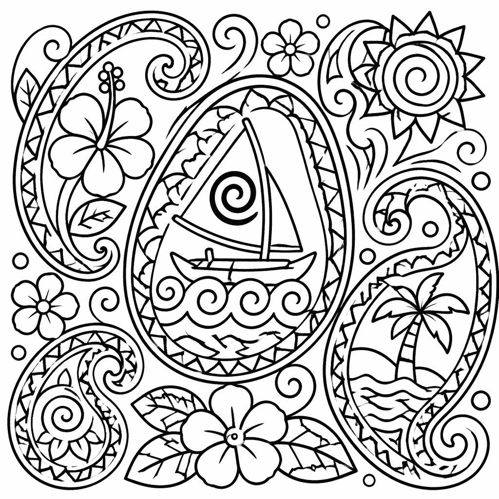 Black-and-white coloring page with chunky paisley and mandala patterns, simple closed shapes for young kids.