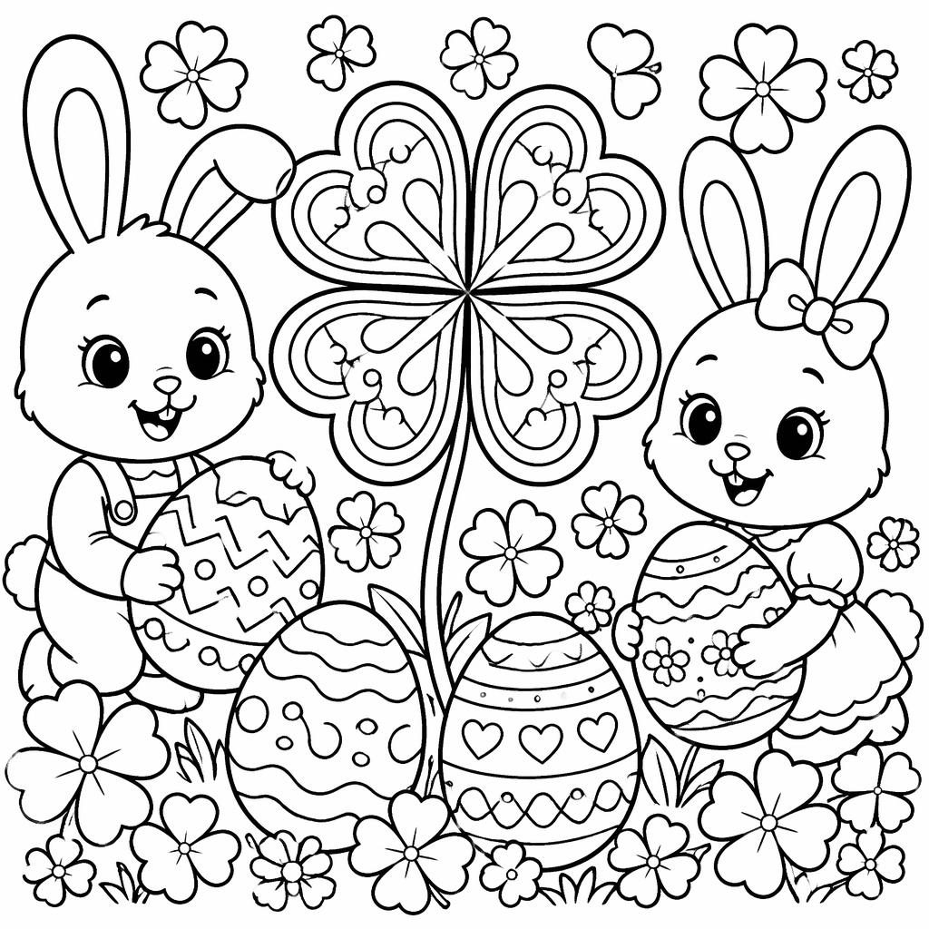 Black-and-white coloring page with bunny kids, Easter eggs, and four leaf clover shapes in a chunky mandala style.