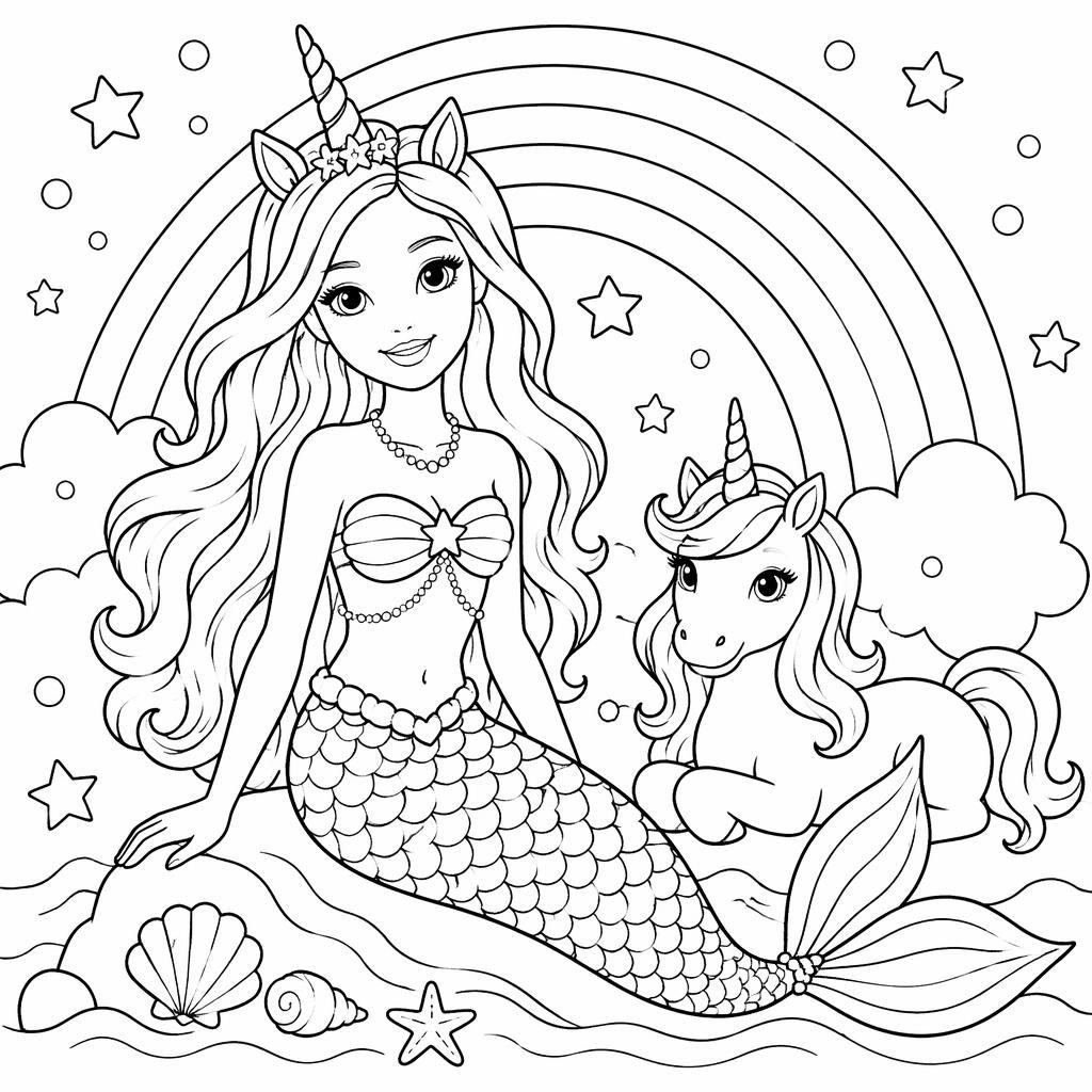 Illustration noir et blanc d’une licorne simple pour enfants avec arc-en-ciel, en contours nets sur fond blanc.