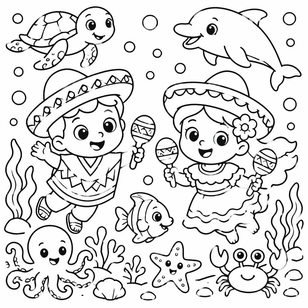 Black-and-white kids coloring page with a cute underwater ocean scene, chunky outlines, simple fish and sea life.