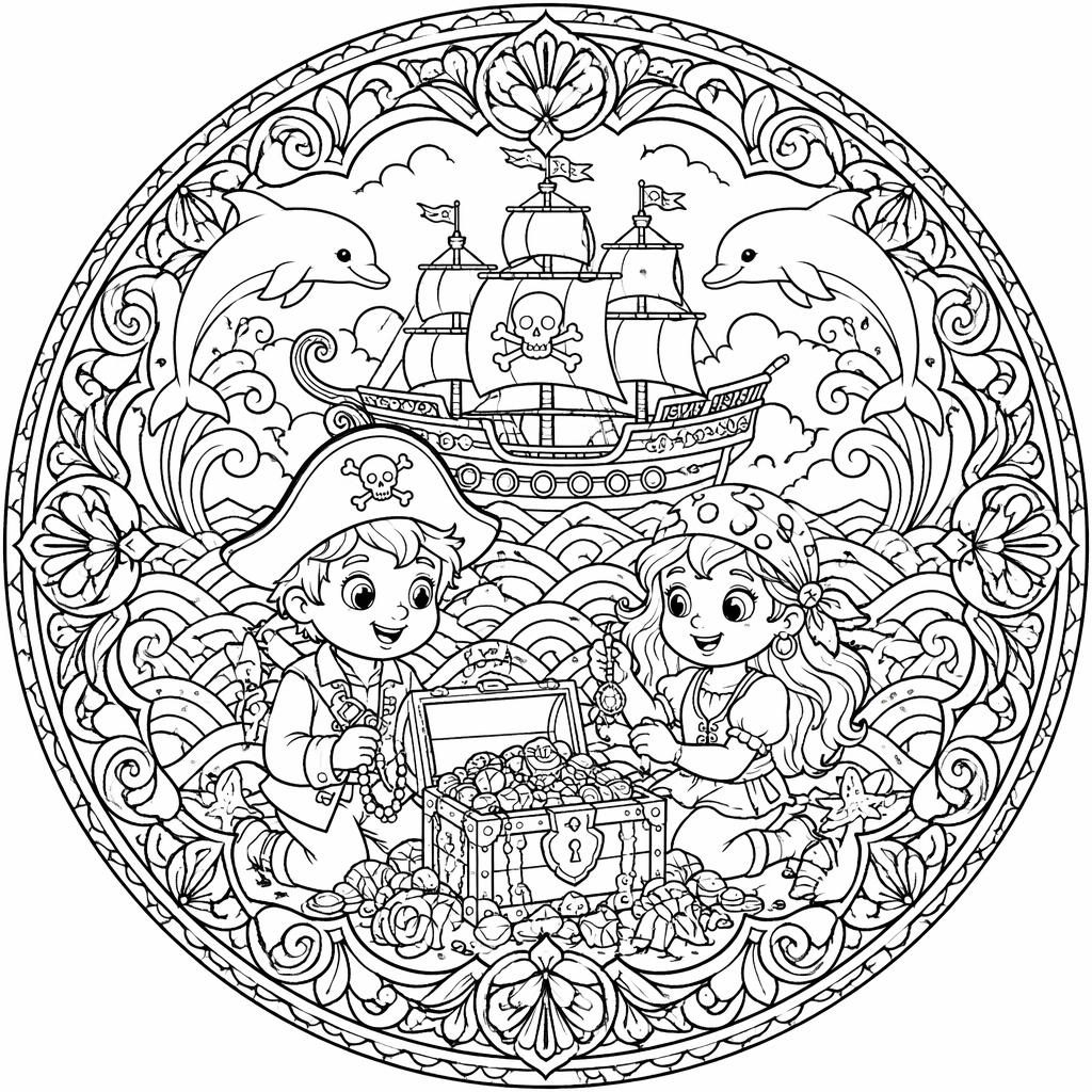 Ilustración para colorear en blanco y negro de un barco pirata con niños y tesoro, con detalles tipo mandala.