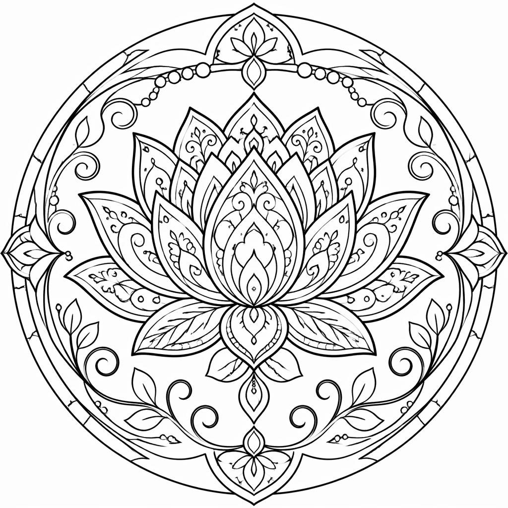 Ilustración en blanco y negro de un loto tipo mandala con detalles art nouveau y contornos limpios para colorear.