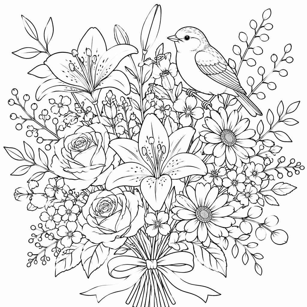 Ilustración para colorear en blanco y negro de un pájaro con ramo de flores detallado, estilo botánico, líneas limpias.