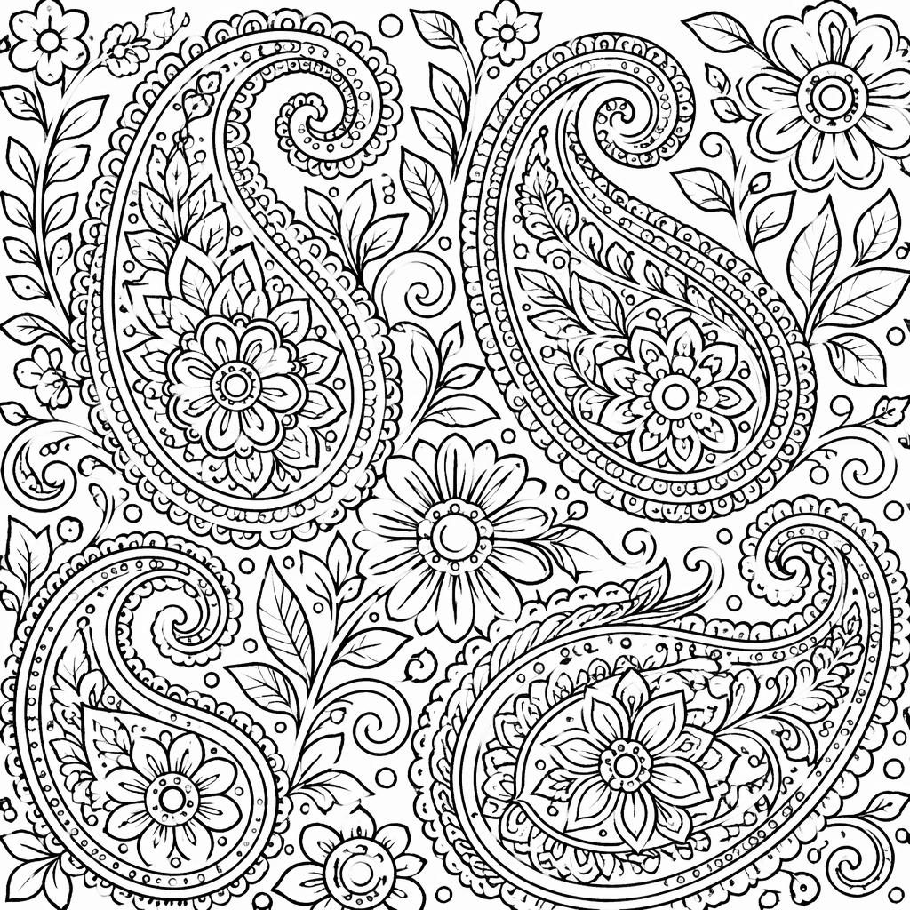 Illustration noir et blanc à colorier avec motifs paisley complexes et style mandala géométrique détaillé.