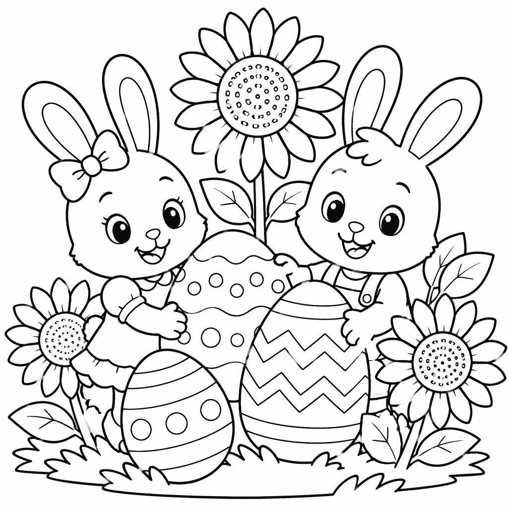Black-and-white coloring page with bunny kids and Easter eggs in simple chunky line art on a white background.