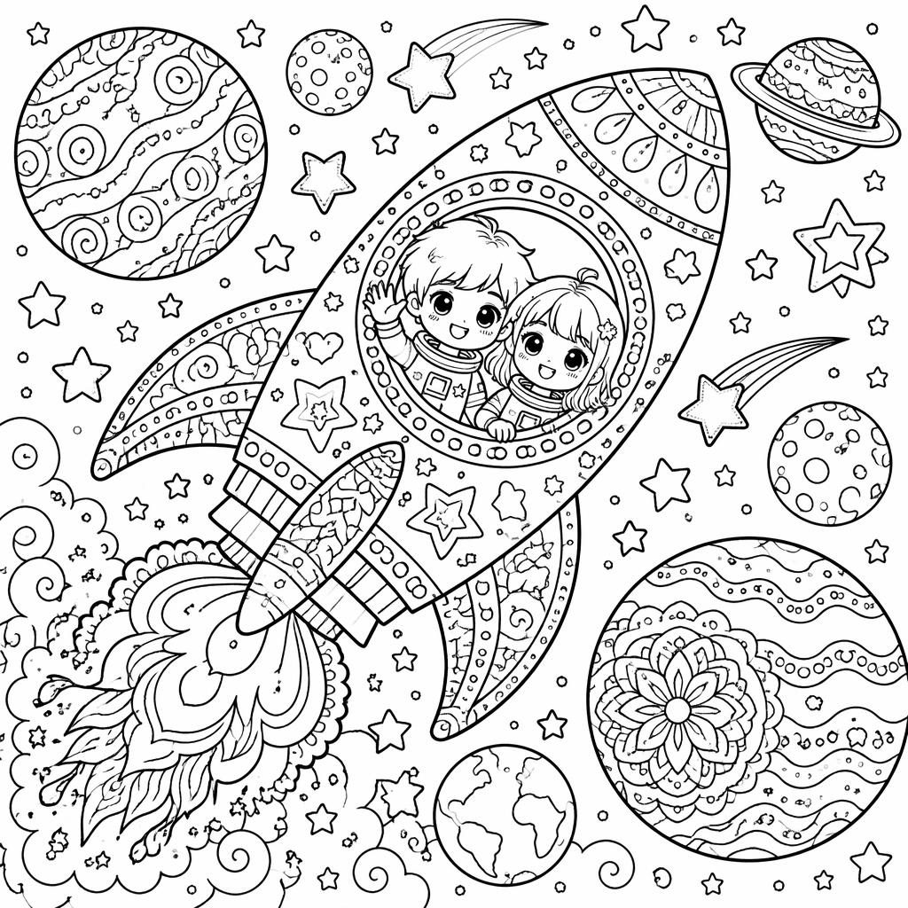 Illustration noir et blanc à colorier d’une fusée spatiale entourée de planètes, style manga détaillé pour enfants