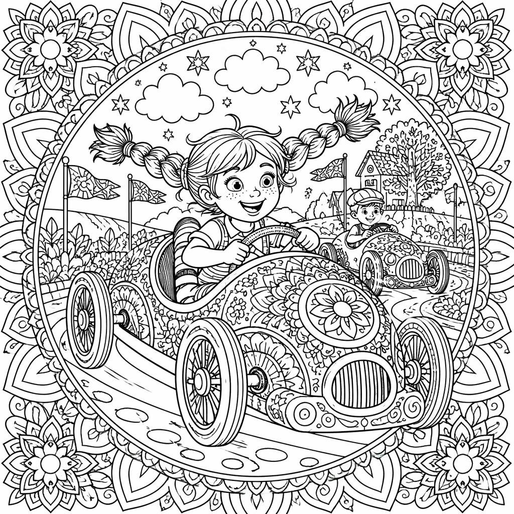 Schwarz-weiße Ausmalseite mit kindgerechten Rennwagen im Mandala-Stil, detailreiche Linien, weißer Hintergrund.