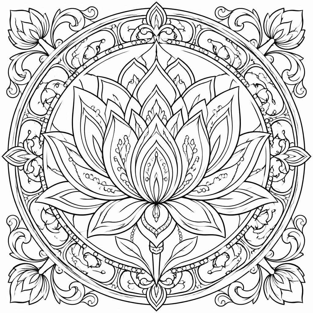 Black-and-white coloring page illustration of: mandala lotus adult. Audience: adult intricate detail, detailed detail, a