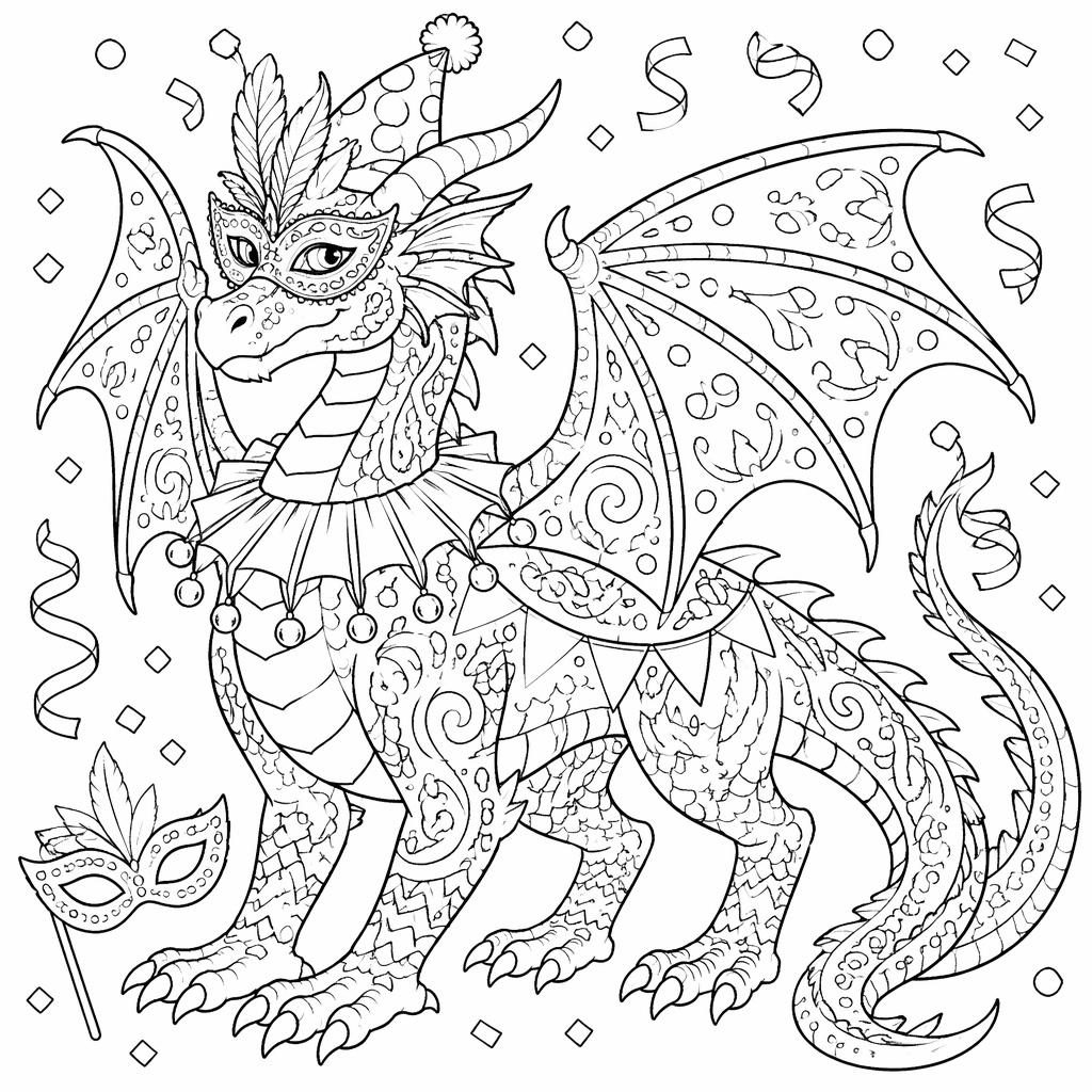 Schwarz-weißes Ausmalbild mit erwachsenem Fantasie-Drachen im Zentangle-Stil, klare Konturen auf weißem Hintergrund.
