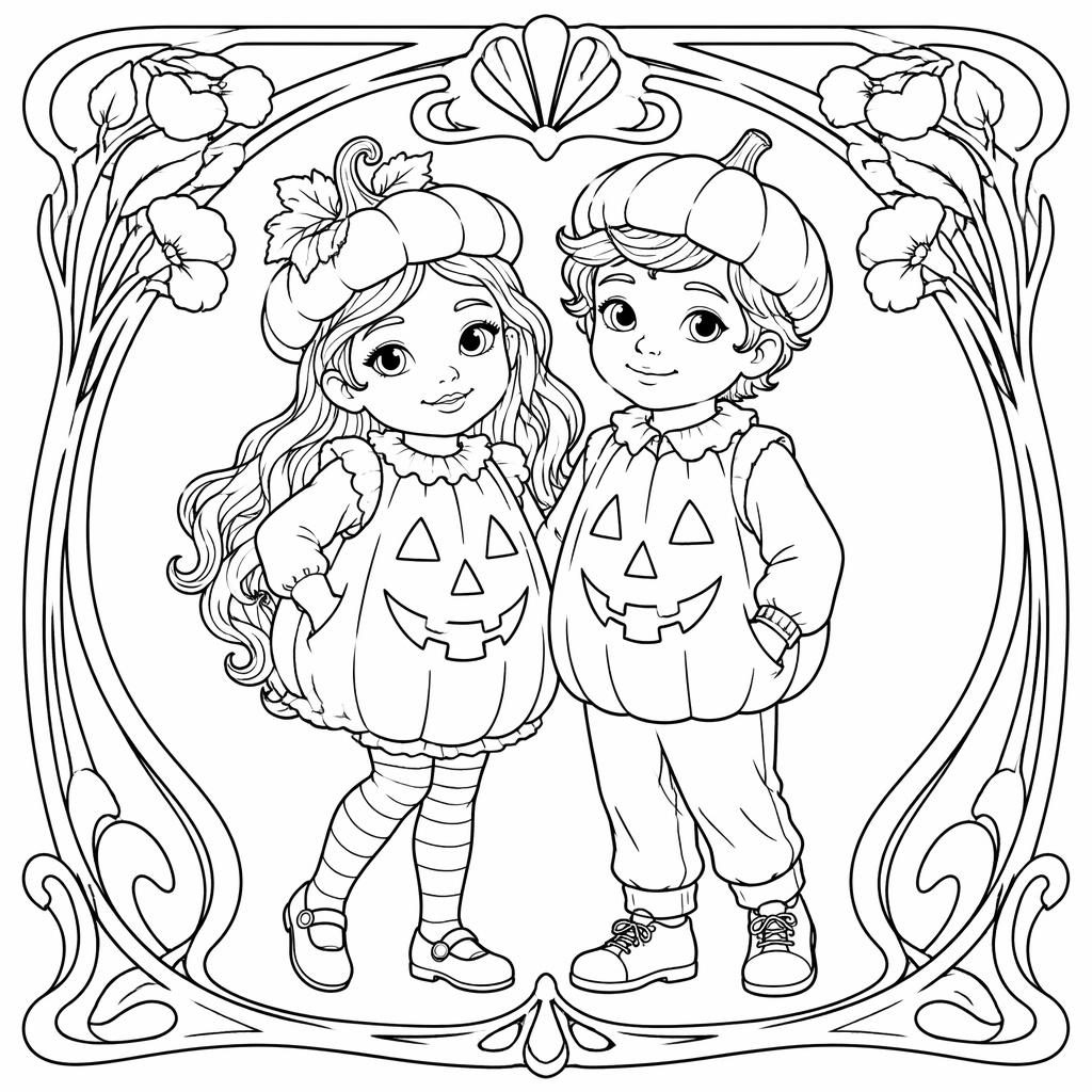 Schwarz-weiße Ausmalseite im Jugendstil mit Kindern und Halloween-Kürbis, klare Konturen, familienfreundlich.