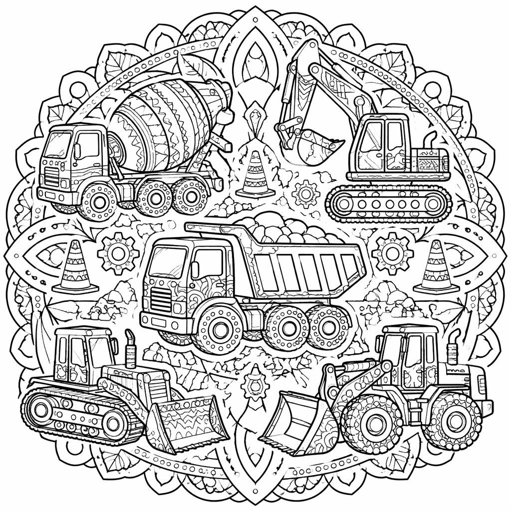 Illustration noir et blanc de camions de chantier pour enfants, style zentangle détaillé, contours nets à colorier.