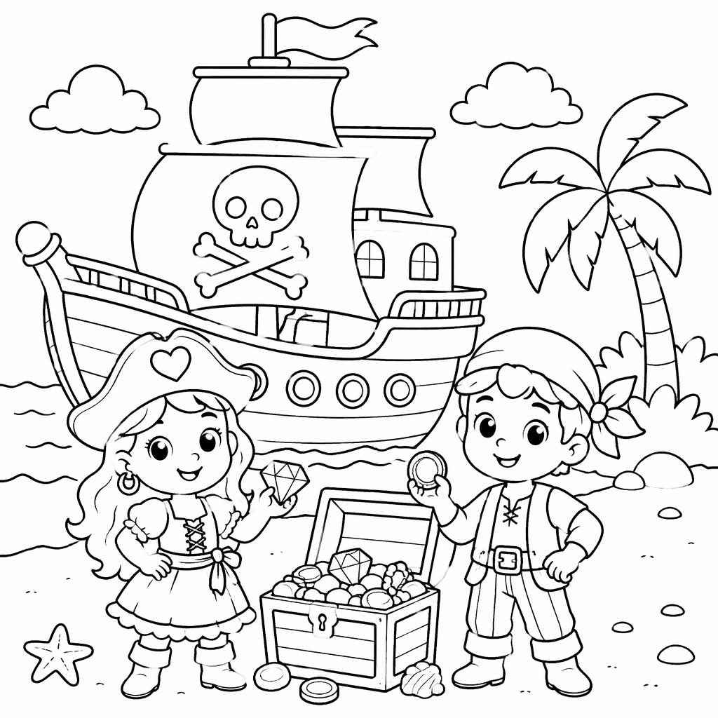Ilustración en blanco y negro de un barco pirata con niños y tesoro, estilo simple para colorear, fondo blanco.