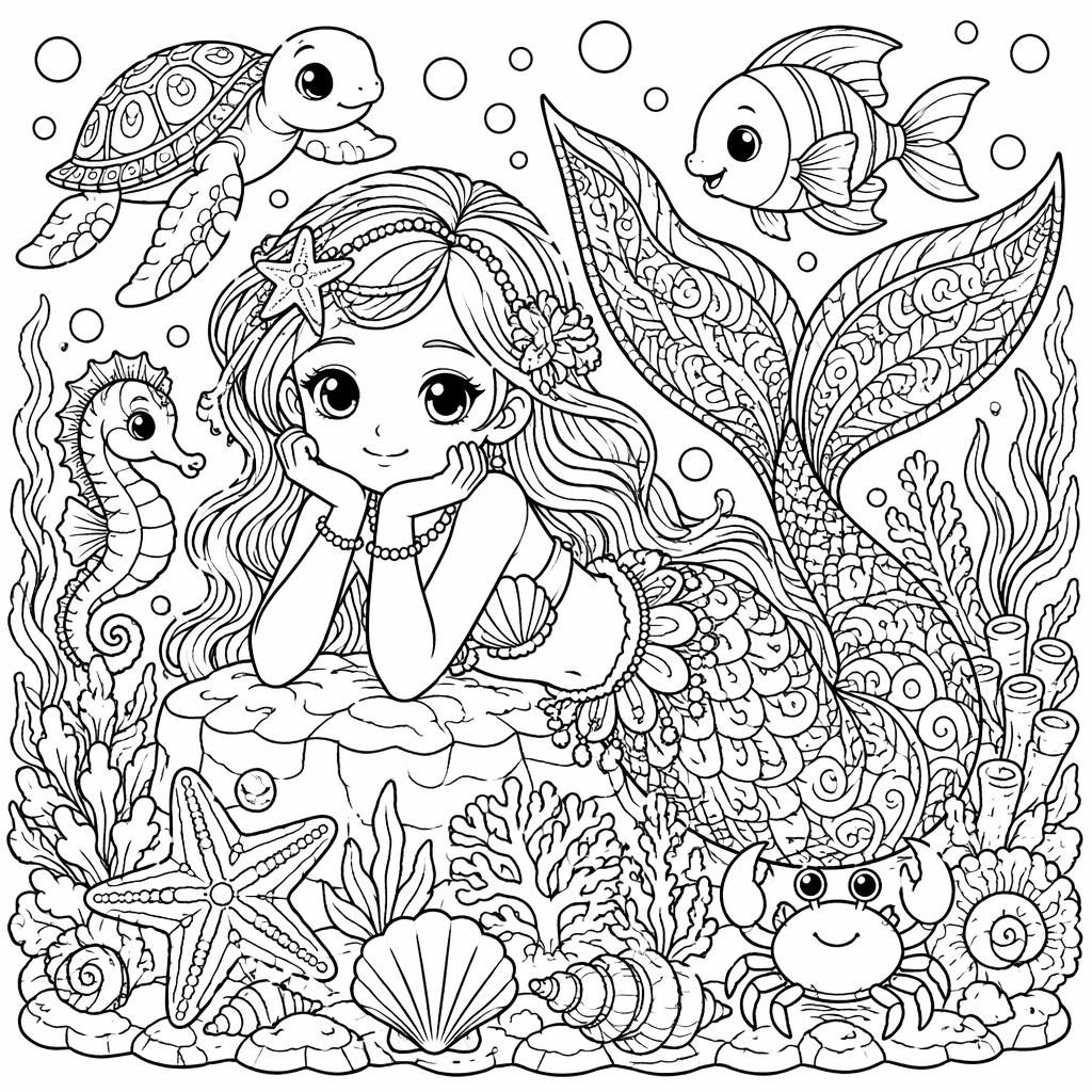 Schwarz-weiße Ausmalseite mit Meerjungfrau unter Wasser, Kindern, Muscheln, Fischen und detailreichen Mustern.