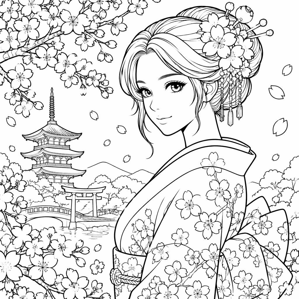 Ilustración para colorear en blanco y negro de flores de cerezo japonesas estilo manga, con líneas limpias.
