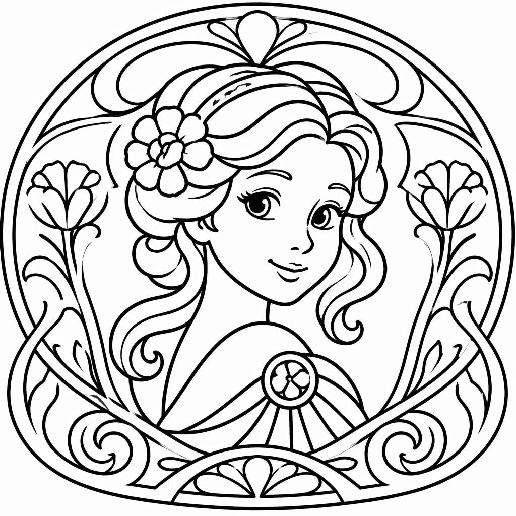 Retrato de mujer estilo art nouveau en dibujo infantil para colorear, con líneas gruesas negras y fondo blanco