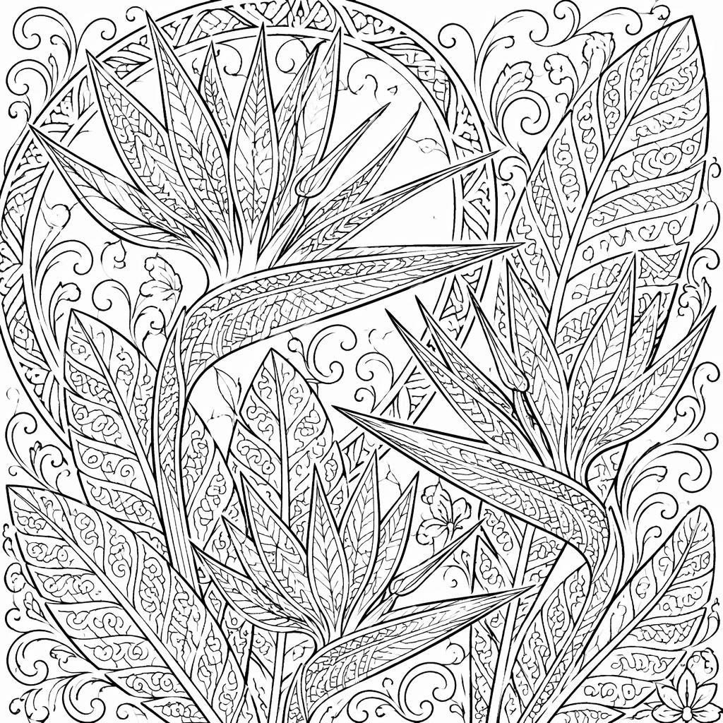 Schwarz-weißes Ausmalbild mit detaillierten Paradiesvögeln im Zentangle-Stil, mit feinen Ornamenten und klaren Konturen.