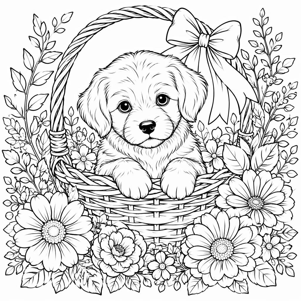 Black-and-white line art of a puppy in a basket with kids, detailed botanical coloring page on a white background.