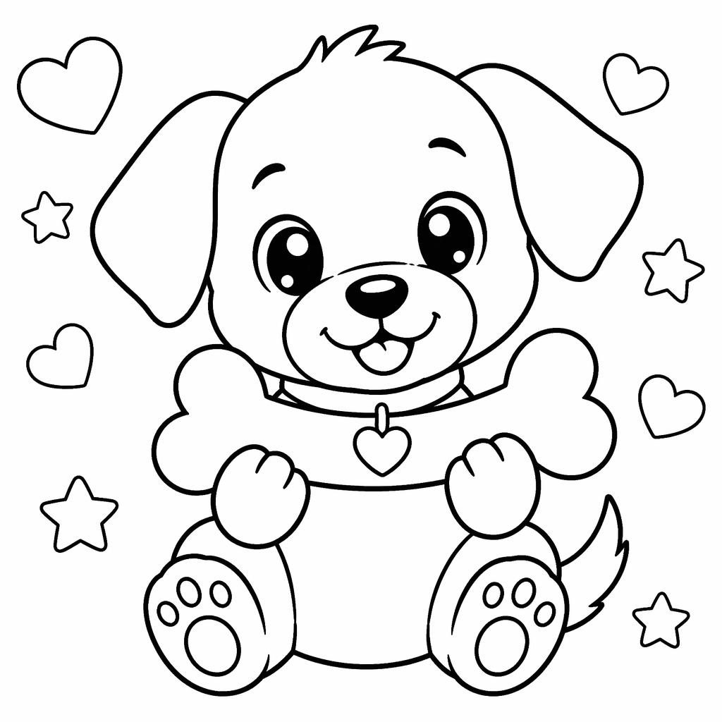 Illustration noir et blanc d’un chien mignon avec un os, style manga simple pour enfants, en page de coloriage.