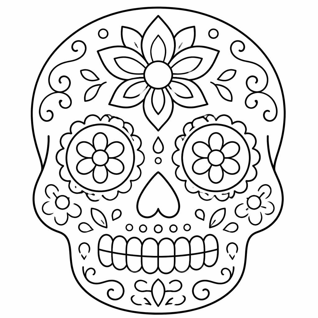 Illustration à colorier en noir et blanc d’un crâne sucre Día de los Muertos, style mandala géométrique simple.