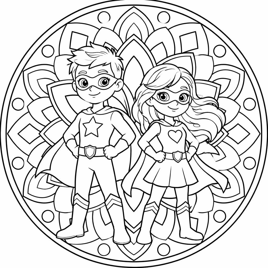 Ilustración para colorear en blanco y negro de niños superhéroes caricatura con motivos florales y estilo mandala.