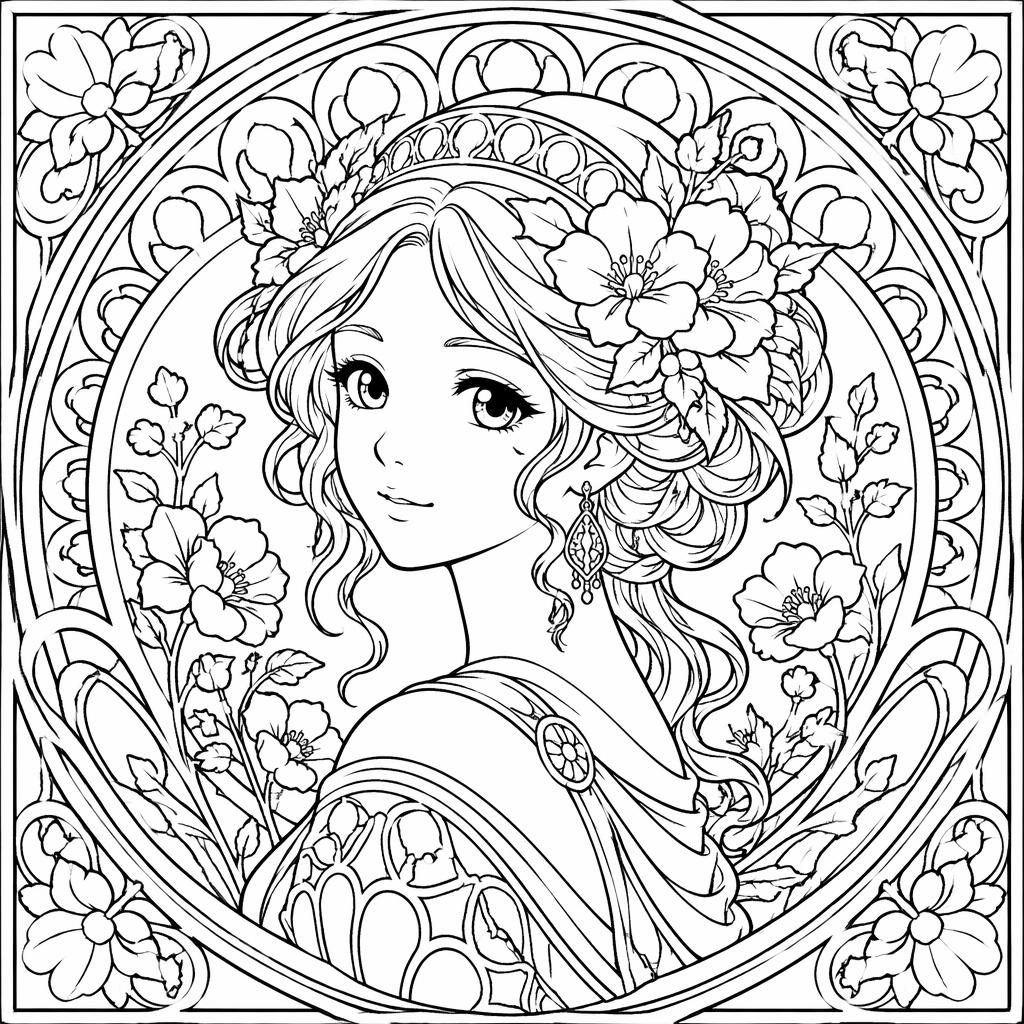 Retrato de mujer estilo art nouveau con inspiración manga, en blanco y negro, con líneas detalladas para colorear.