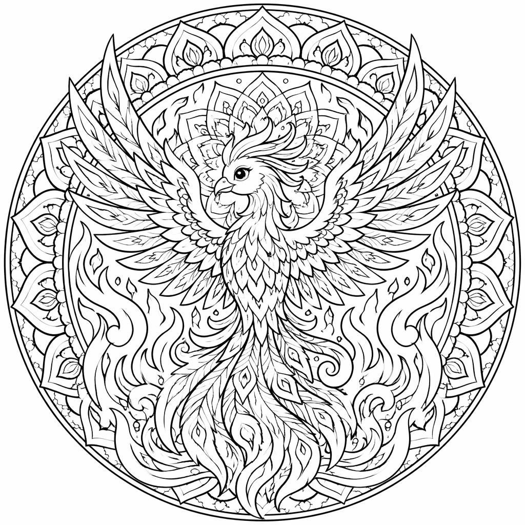 Ilustración para colorear en blanco y negro de un fénix con llamas, detalles tipo mandala y estilo tierno.