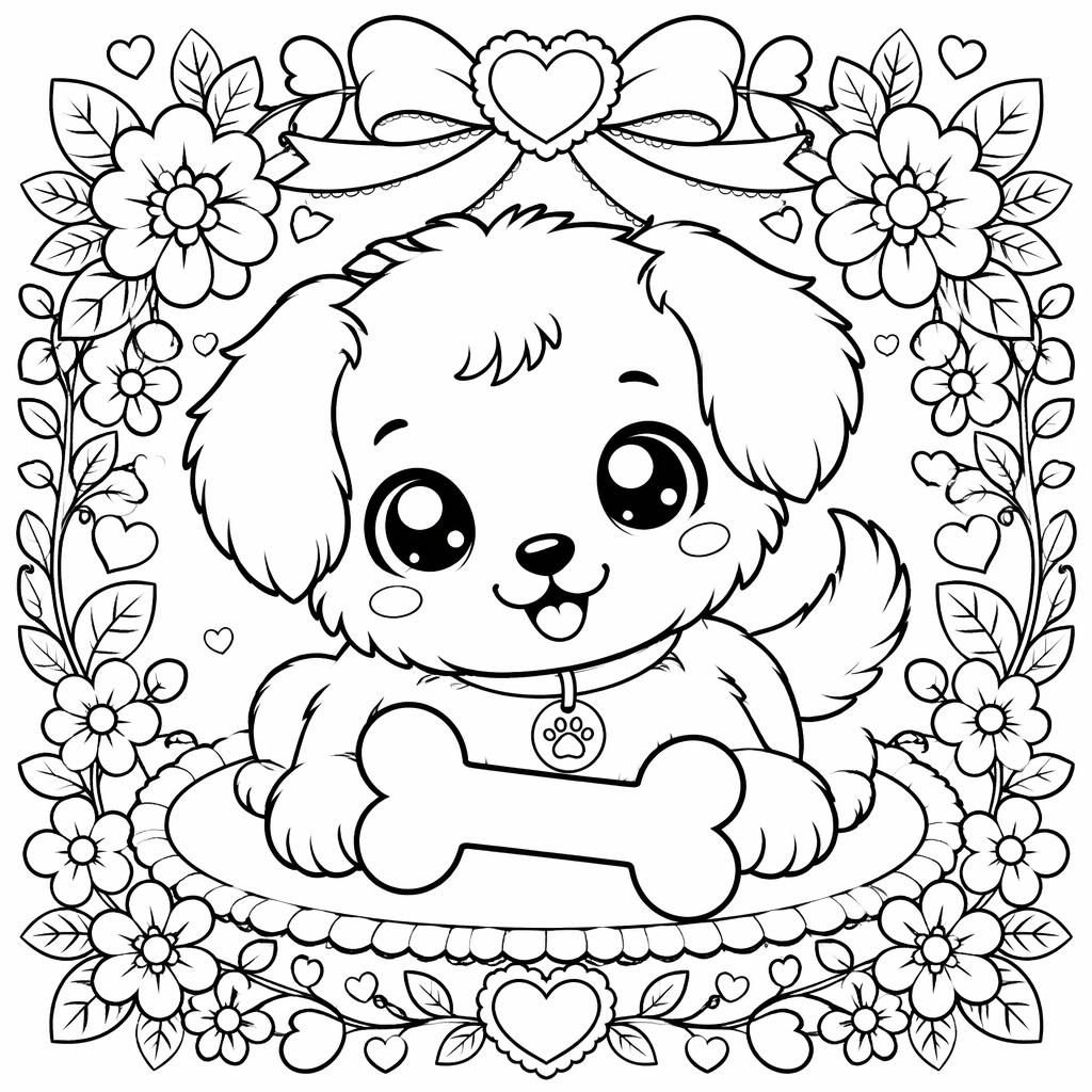 Schwarz-weißes kawaii ausmalbild mit süßem Hund und Knochen, klare Manga-Linien auf weißem Hintergrund