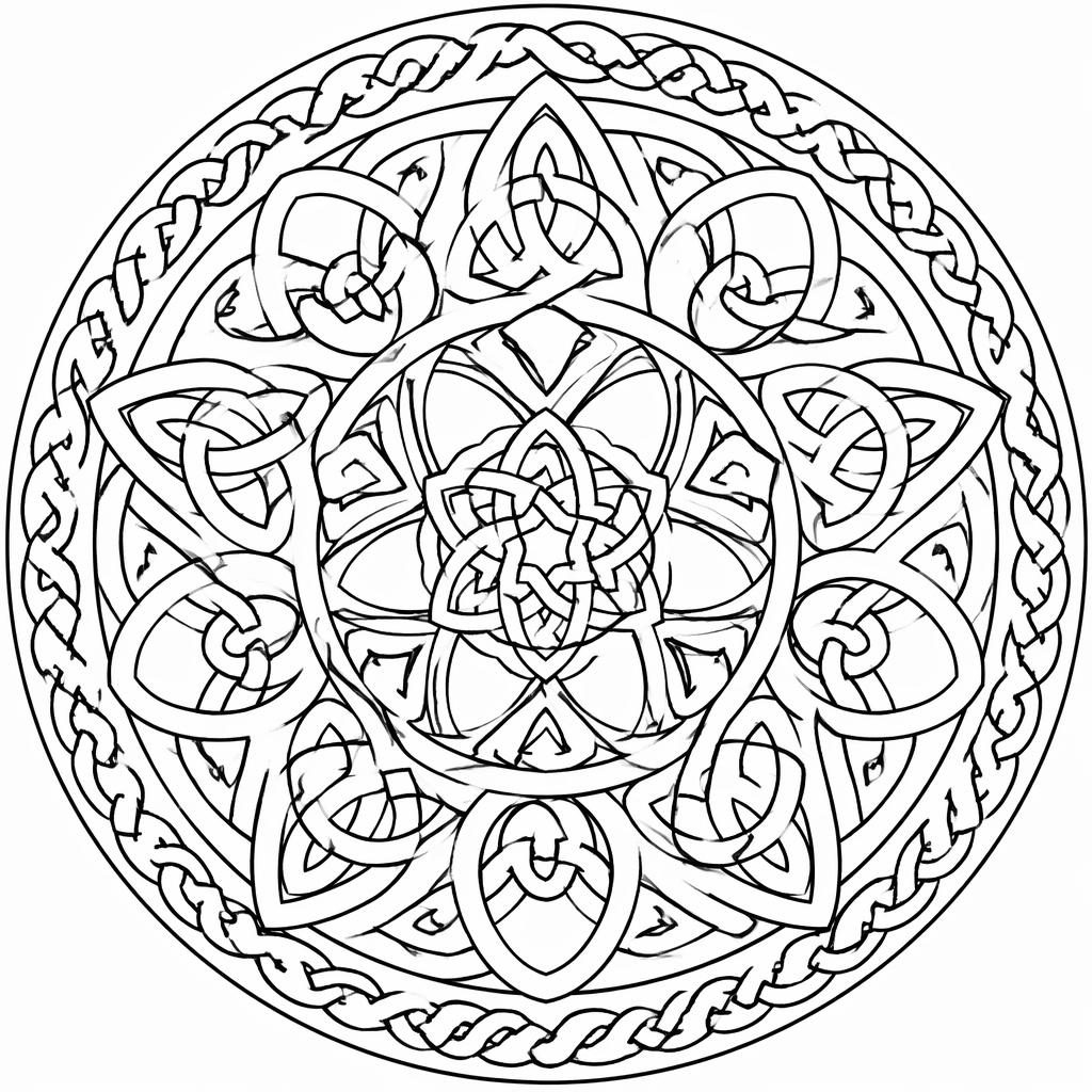 Ilustración en blanco y negro de nudos celtas intrincados tipo mandala, con contornos limpios para colorear.