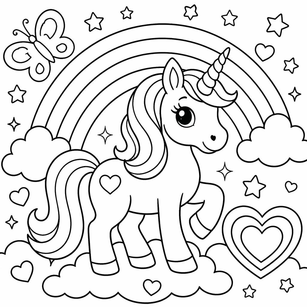 Black-and-white coloring page with a simple unicorn beside a rainbow in clean outlined line art for kids.