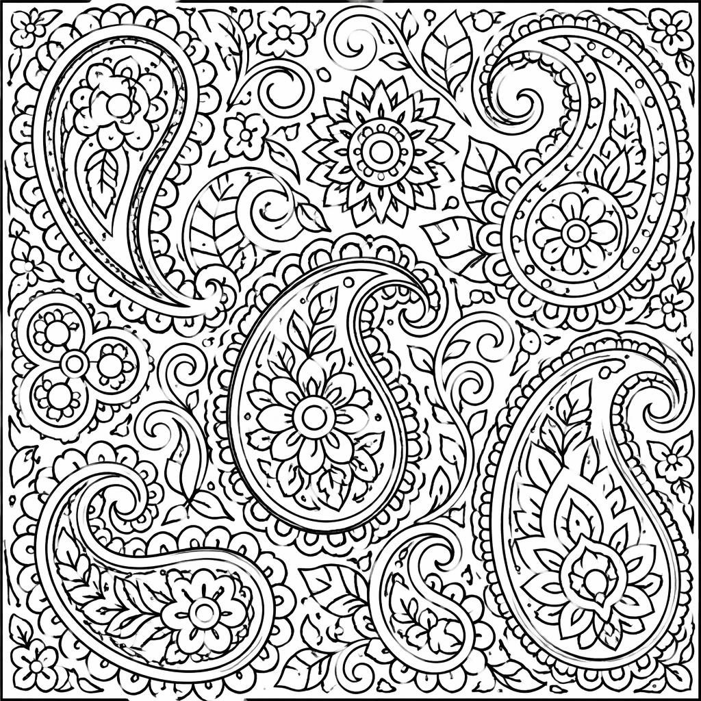 Illustration à colorier en noir et blanc avec motifs paisley détaillés, style mandala géométrique, contours nets.